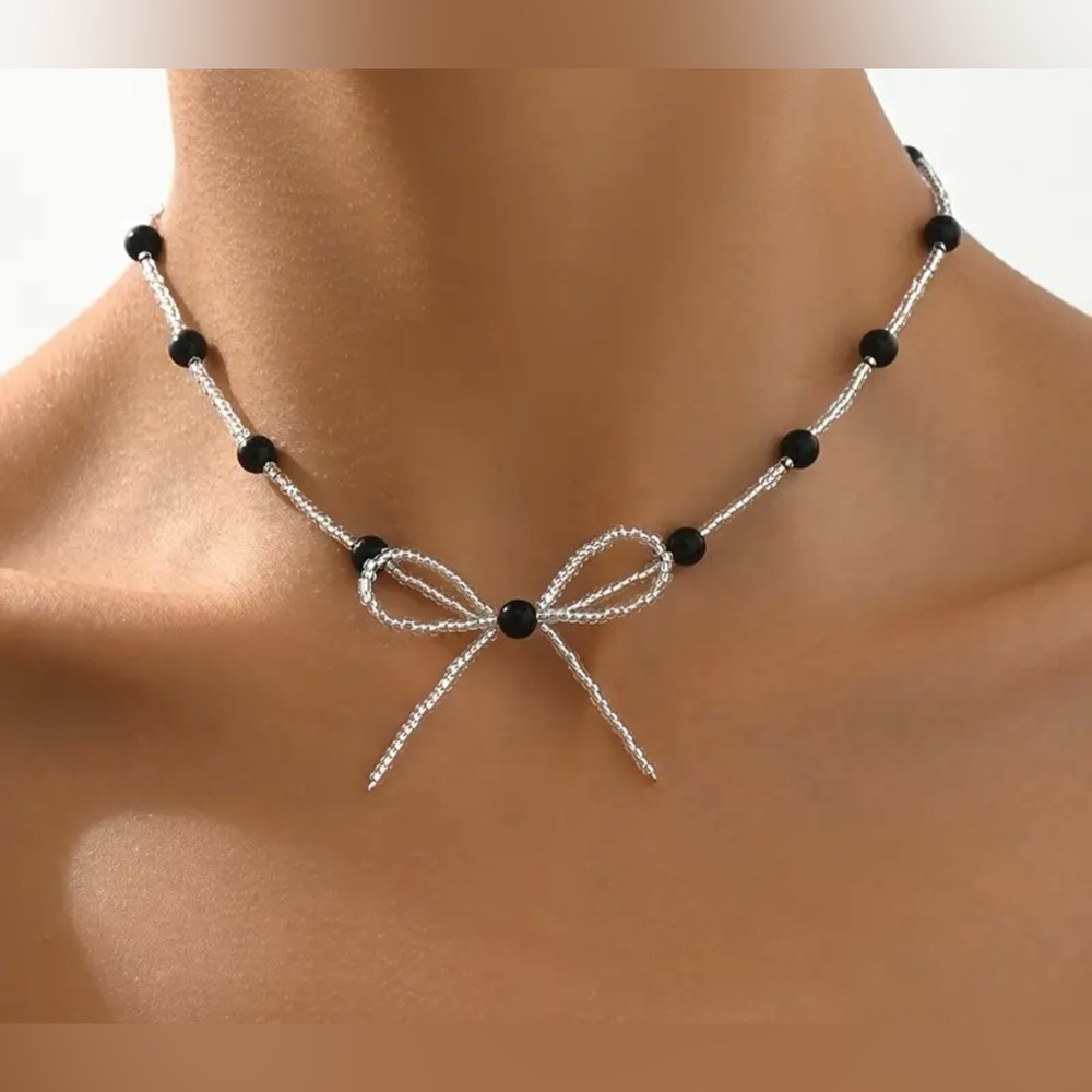 Silver and Black Bow Beaded Necklace